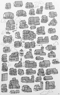 a drawing of many houses and buildings