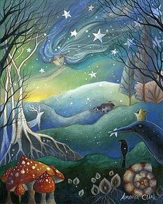 an acrylic painting of mushrooms and stars in the night sky canvas wall art print