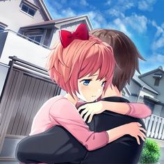 two anime characters hugging each other in front of a house with blue sky and clouds