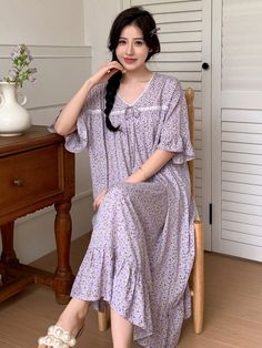 Sleepwear Women Nightgowns, Fabric Plants, Cotton Nighties, Purple Collar, Cotton Nightgown, Sleepwear Dress, Fairy Fashion, Women's Nightgowns, Lace Patchwork