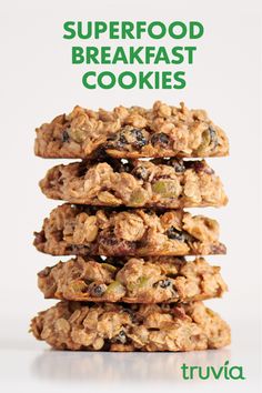 a stack of granola breakfast cookies with the words, superfood breakfast cookies