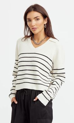 Florence Stripe Sweater Knit | Greylin Collection – Greylin Collection | Women's Luxury Fashion Clothing Fall Striped Collar V-neck Top, Fall V-neck Top With Striped Collar, Casual Striped V-neck Sweater With Long Sleeves, Casual Striped Long Sleeve V-neck Sweater, Casual Striped Polo Sweater For Fall, Striped Knit V-neck Sweater, Tops And Blouses, Luxury Women Fashion, Casual Design