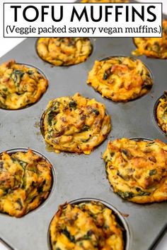 several muffins are sitting in a muffin tin with the words vegan packed savory vegan muffins