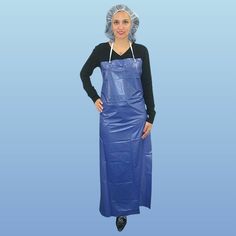 DuraWear® 6 mil Vinyl Aprons  Heavy Duty Protection  Vinyl aprons provide excellent chemical protection and tear resistance. Cleans easily with just a quick swipe. 6 mil thick apron resists oils, chemicals, fats, grease and salt and provides good protection against splatters and saturation. Complies with Federal regulation for food contact. Excellent for food processing tasks. Choose from Blue or White. 35" x 45" size with adjustable neck and back strap fits most. If too long, just give it a trim.    Looking for heavy duty protection against harmful particles and liquids for your employees? Consider using disposable vinyl aprons in your workplace. This vinyl apron is made using 6mil thick fabric. Therefore, it will provide reliable protection against chemicals and other contaminants. The h Trash Bag Dress, Plastic Aprons, Pvc Apron, Disposable Aprons, Medical Fashion, Plastic Mac, White Apron, Safety Gloves, Kitchen Apron