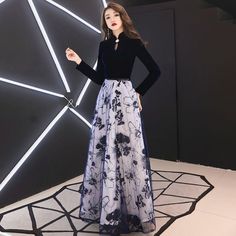 Affordable Chinese style Navy Blue Suede Evening Dresses  2019 A-Line / Princess High Neck Long Sleeve Sash Appliques Lace Floor-Length / Long Ruffle Formal Dresses Grey Evening Dresses, Burgundy Evening Dress, Glamorous Evening Dresses, Blue Evening Dresses, Evening Dress Fashion, Stylish Party Dresses, High Waist Dress, Affordable Dresses, High Neck Long Sleeve