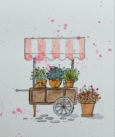 a drawing of a cart with potted plants on it