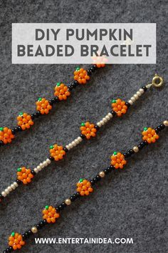 the beaded pumpkin bracelet is made with black beads and orange flowers on white pearls