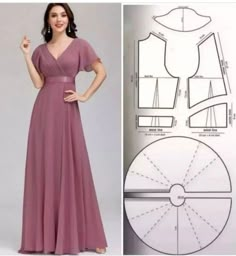 a woman in a long dress next to a sewing pattern