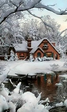 a painting of a house in the snow by a pond with ducks swimming around it