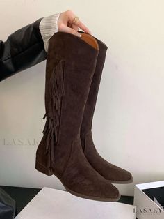 Lasaky - Sophisticated Suede Knee High Boots with Tassels and Round Toe Chic Fringe Boots For Winter, Casual Winter Boots With Fringe, Casual Fringe Winter Boots, Casual Winter Fringe Boots, Trendy Boots With Tassels For Fall, Winter Fringe Boots With Round Toe, Western Boots With Tassels For Fall, Western Style Boots With Tassels For Fall, Casual Brown Boots With Tassels