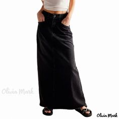 Olivia Mark - Relaxed Fit Straight-Leg Denim Midi Skirt Denim Skirt Long, Prom Dresses Long Black, Casual Denim Skirt, Long Jean Skirt, Short Black Skirt, Womens Denim Skirts, Denim Pattern, Party Rock, Trendy Denim