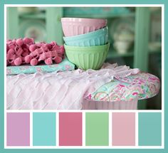 a table topped with bowls filled with pink and green food next to a plate full of donuts