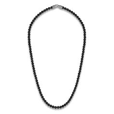 Mesmerizing natural black spinel gemstone beads animate the length of this refined men's necklace. Fashioned in sterling silver, the 24-inch necklace secures in place with a fancy clasp. The signature "E" is stamped to identify each piece as part of the 1933 by Esquire men's collection. Luxury Black Pearl Necklace With Round Beads, Classic Onyx Jewelry With Gemstone Beads, Classic Onyx Round Beads Jewelry, Classic Onyx Round Bead Jewelry, Classic Black Round Beaded Jewelry, Classic Black Necklaces With 8mm Beads, Formal Black Necklace With Gemstone Beads, Elegant Black Jewelry With 108 Beads, Luxury Black Single Strand Pearl Necklace