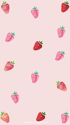 a pink background with many strawberries on the bottom and one strawberry on the top