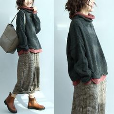 BABAKUD Fake Two-Piece Design Comfortable Bat-Sleeve Loose Sweater 2019 August New One Size Gray Knit Sweater Outfit, Brown Knit Sweater, Boho Mode, Fur Sweater, Mode Boho, Crochet Wool, How To Purl Knit, Casual Design, Loose Sweater