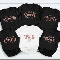 six shirts with the bride and groom's names in pink, black, and white