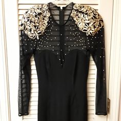 Tadashi Shoji Black Gold Embroidered Dress In Excellent Condition!! Smoke Free Clean Home!! Sz 2/ 4 Chest Pit To Pit- 15 (( 30 Arounnd)) Length- 34 Waist- 12.5 (( 25 Around )) Evening Wear, Wedding, Classy, Sheath, Event, Night Out **** All Items In My Closet Are Cleaned And Sterilized !!! Even Nwt !!!! ***** :)))) **** Ask Any Questions You May Have !!! **** :))) Chic Embellished Embroidered Evening Dress, Chic Fitted Embroidered Evening Dress, Fitted Embellished Embroidered Dress For Party, Chic Embellished Embroidered Party Dress, Embellished Fitted Embroidered Dress For Party, Fitted Embroidered Dress For Gala, Festive Fitted Dress With Sheer Sleeves, Chic Fitted Embroidered Dress, Festive Evening Embellished Embroidered Dress