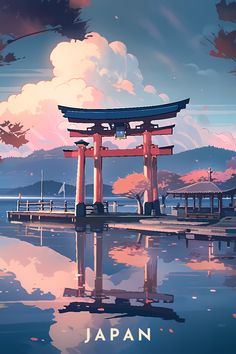 an image of a japanese gate on the water with clouds in the sky above it