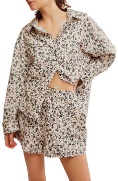 These floral-print knit pajamas featuring a high-low button-up top and drawstring shorts are cut from pure cotton to keep you cool all night long. Top: 25 1/2" front length; 30" back length (size Medium) Bottoms: 3" inseam; 27" leg opening; 13 1/2" front rise; 17 1/2" back rise (size Medium) Top has spread collar; long sleeves 100% cotton Machine wash, tumble dry Imported Casual Long Sleeve Sleepwear With Floral Print, Casual Long Sleeve Floral Print Sleepwear, Floral Print Long Sleeve Sleepwear For Lounging, Long Sleeve Floral Print Sleepwear For Lounging, Spring Sleepwear Printed Tops, Printed Spring Sleep Tops, Printed Tops For Sleep In Spring, Floral Print Long Sleeve Loungewear Sleepwear, Long Sleeve Floral Print Loungewear Sleepwear