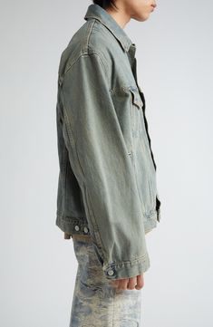 A faded wash and light distressing bring an instant lived-in look to this trucker jacket crafted in an oversized fit from nonstretch denim. 26" length (size XX-Small/X-Small) Front button closure Spread collar Button cuffs Chest button-flap patch pockets; front welt pockets Adjustable button side tabs 100% cotton Machine wash, tumble dry Made in Italy Designer Clothing Relaxed Fit Light Wash Denim Jacket With Frayed Hem, Urban Style Faded Denim Jacket For Spring, Urban Faded Denim Jacket For Spring, Rugged Medium Wash Denim Jacket, Relaxed Fit Medium Wash Denim Jacket, Urban Style Faded Washed Denim Jacket, Faded Stonewashed Denim Jacket For Streetwear, Urban Faded Washed Denim Jacket, Faded Stonewashed Denim Outerwear