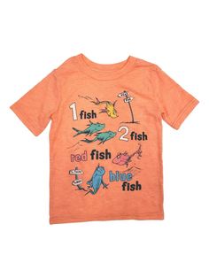 an orange t - shirt with fish and numbers on it