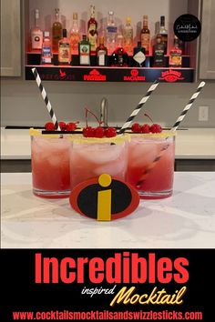 This image shows three red drinks with yellow rim, cherry garnish and black stipped straws Movie Night Cocktails, Disney Themed Drinks Non Alcoholic, Movie Inspired Drinks, The Incredibles Movie Night, Incredibles Party Food, Drinks Inspired By Movies, Incredibles Movie Night, The Incredibles Food Ideas, Incredibles Dinner And A Movie