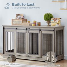 an image of a dog kennel with its doors open and the words built to last give your dog a cozy home