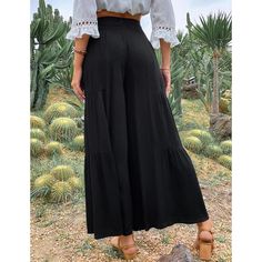 Black High Waist Cotton Loose Casual Pants Black High-waisted Pants For Vacation, Black Wide Leg Pants For Vacation, Black High-waist Wide Leg Pants For Day Out, Black Ankle-length Bottoms For Vacation, Black Ankle-length Pants For Vacation, Black Ankle-length Vacation Bottoms, Black Ankle-length Vacation Pants, Black Trousers For A Day Out, High Waist Black Pants For Day Out