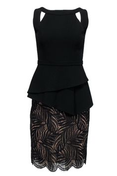 Current Boutique-BCBG Max Azria - Black Peplum Sheath Dress w/ Lace Sz 4 Elegant Fitted Lace Trim Bodycon Dress, Elegant Formal Mini Dress With Lace Bodice, Elegant Bodycon Mini Dress With Lace Trim, Elegant Lace Trim Mini Dress, Chic Lace Dress For Workwear, Elegant Fitted Lace Dress With Lace Back, Chic Lace Dress For Work, Elegant Mini Dress With Lace Back, Elegant Evening Mini Dress With Lace Back