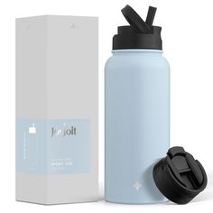 a blue water bottle next to a white box with the lid open and a black cap on it