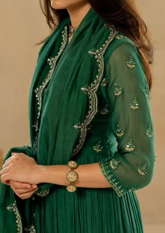 Emerald Green Mallei Chanderi Anarkali Set Green Indian Wedding Outfits, Dupatta Work Designs, Mehendi Dress Outfits, Emerald Green Anarkali, Cape Dress Indian, Resham Work Embroidery, Green Salwar Suit, Kalidar Anarkali, Green Anarkali Dress