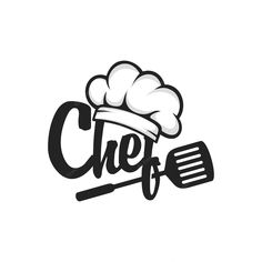 the word chef written in black and white with a cooking utensil next to it