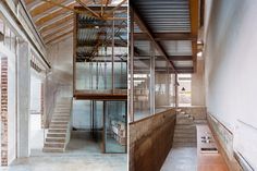 two photographs side by side, one with stairs and the other with glass walls on both sides