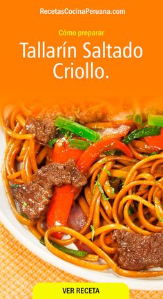 a plate of pasta with meat and vegetables in it on an orange tablecloth background