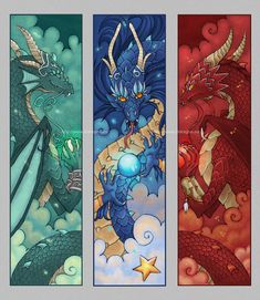 three dragon banners with different designs on them