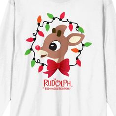 You'll glow this holiday season when you wear this men's graphic long-sleeve t-shirt! The Rudolph the Red-Nosed Reindeer shirt features a big colorful image of everyone's favorite reindeer with a wreath of Christmas lights that has been professionally printed and applied to outlast any adventure life throws your way! Made of 100% preshrunk cotton, the white t-shirt features long sleeves and a crew neck for clean-cut style and comfort in cooler weather. The Rudolph the Red-Nosed Reindeer fan appa Team Rudolph Shirt, Rudolf Shirt Vinyl, Rudolph The Red Nosed Reindeer Movie, Classic Rudolph The Red Nosed Reindeer, Rudolph Shirt, Rudolph The Red Nosed Reindeer Tshirt, Personalized Christmas Shirts, White Christmas T-shirt With Character Print, Reindeer Shirt