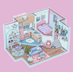 the interior of a dollhouse with furniture and accessories in it on a pink background