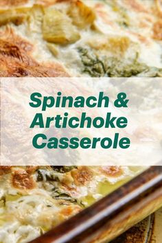 spinach and artichoke casserole on a plate with chopsticks