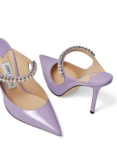 Jimmy Choo Bing 100mm crystal-embellished mules Jimmy Choo Bing, Jimmy Choo Pumps, Purple Heels, Classy Shoes, Jimmy Choo Heels, Purple Leather, Lilac Purple, Patent Leather Pumps, Leather Mules