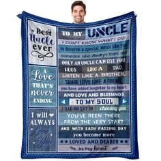 a man holding up a blanket that says best uncle ever and the words below it