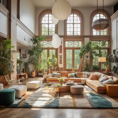 a living room filled with lots of furniture and large windows above it's floor to ceiling windows