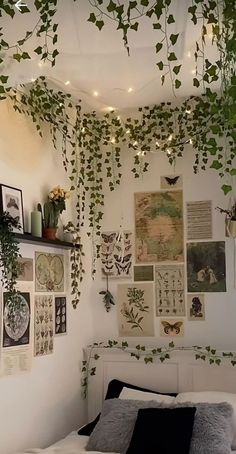 a bedroom with lots of plants hanging from the ceiling and pictures on the wall above it