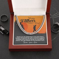 Surprise your Dad with the awesome necklace with gift box and message cardGive your special someone a classic necklace that shows off their strength and style! Our Cuban Link Chain is the perfect gift for any occasion, including birthdays and holidays. Available in polished stainless steel or 14K yellow gold, you can be sure this wonderfully weighted necklace will be a staple piece in their wardrobe. And since the chain is adjustable, this necklace will look spectacular on everyone who wears it. Meaningful Rectangular Necklace For Gift, Meaningful Gift Necklace, Meaningful Rectangular Necklaces For Gifts, Father's Day Silver Jewelry Gift Box, Silver Jewelry With Gift Box For Father's Day, Elegant Father's Day Gift Necklace, Inspirational Necklace For Father's Day Gift, Elegant Necklace For Father's Day Gift, Father's Day Stainless Steel Necklace Gift