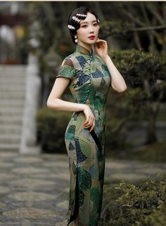 New,Printed dress, modified cheongsam, midi dress,chinese style Green Cheongsam Dress, 90 Shoulder, Fitted Floral Print Cheongsam With Short Sleeves, Traditional Fitted Summer Cheongsam, Red Fitted Summer Cheongsam, Summer Green Cheongsam, Vietnam Dress, China Dress, Printed Dresses