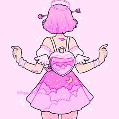 a drawing of a girl with pink hair holding a heart in her hands and pointing to the side