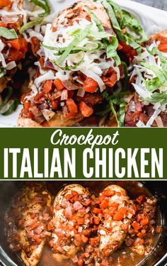 crockpot italian chicken in a slow cooker with text overlay that reads, crockpot italian chicken