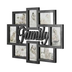 a family photo frame with the word family surrounded by six pictures in black and white