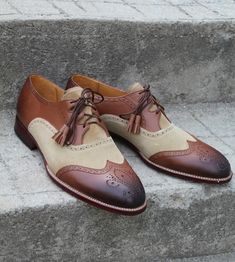 Crafted Leather Handmade Brown Leather Beige Suede Ghillie Lacing Wingtip Oxford Dress Shoes on Storenvy Quality Leather Boots, Custom Design Shoes, Shoe Crafts, Handmade Leather Shoes, Oxford Dress Shoes, Wingtip Oxford, Beige Style, Woman Shoes, Oxford Dress