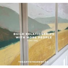 the words build relationss with more people in less time are displayed on three windows