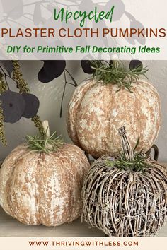 three decorative pumpkins sitting on top of a table